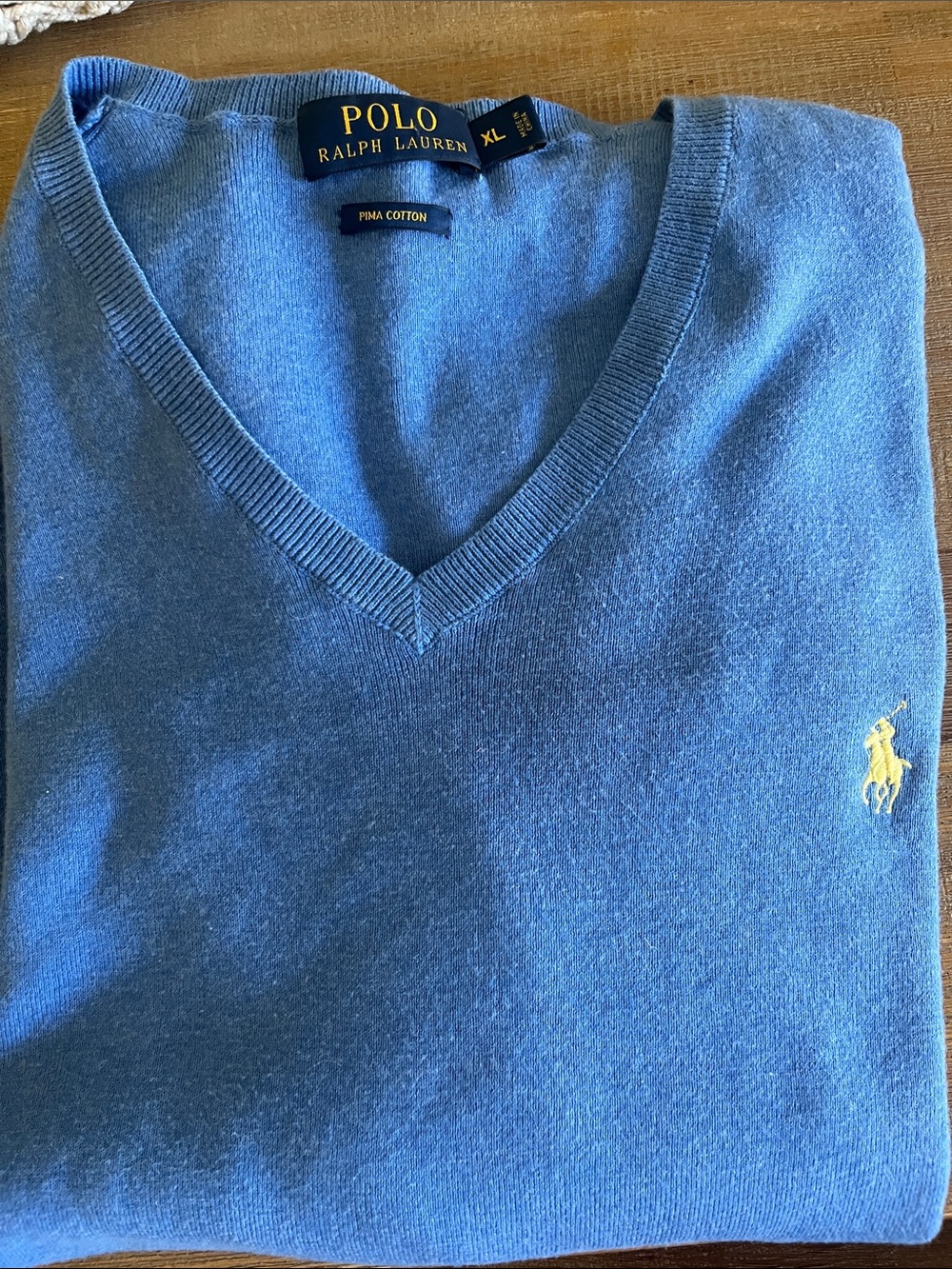 Polo by Ralph Lauren Blue V-Neck Pima Cotton Sweater with Yellow Pony